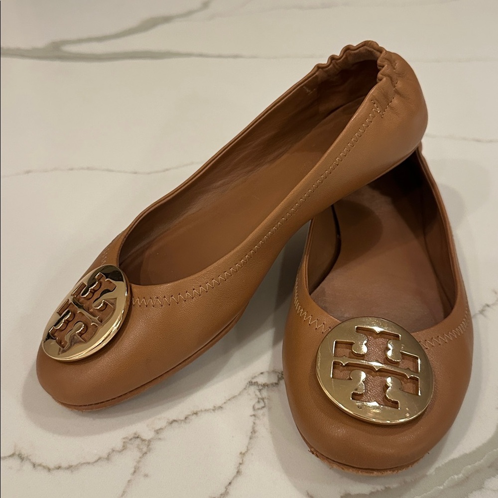 Tory Burch Camel Flats with Gold Emblem